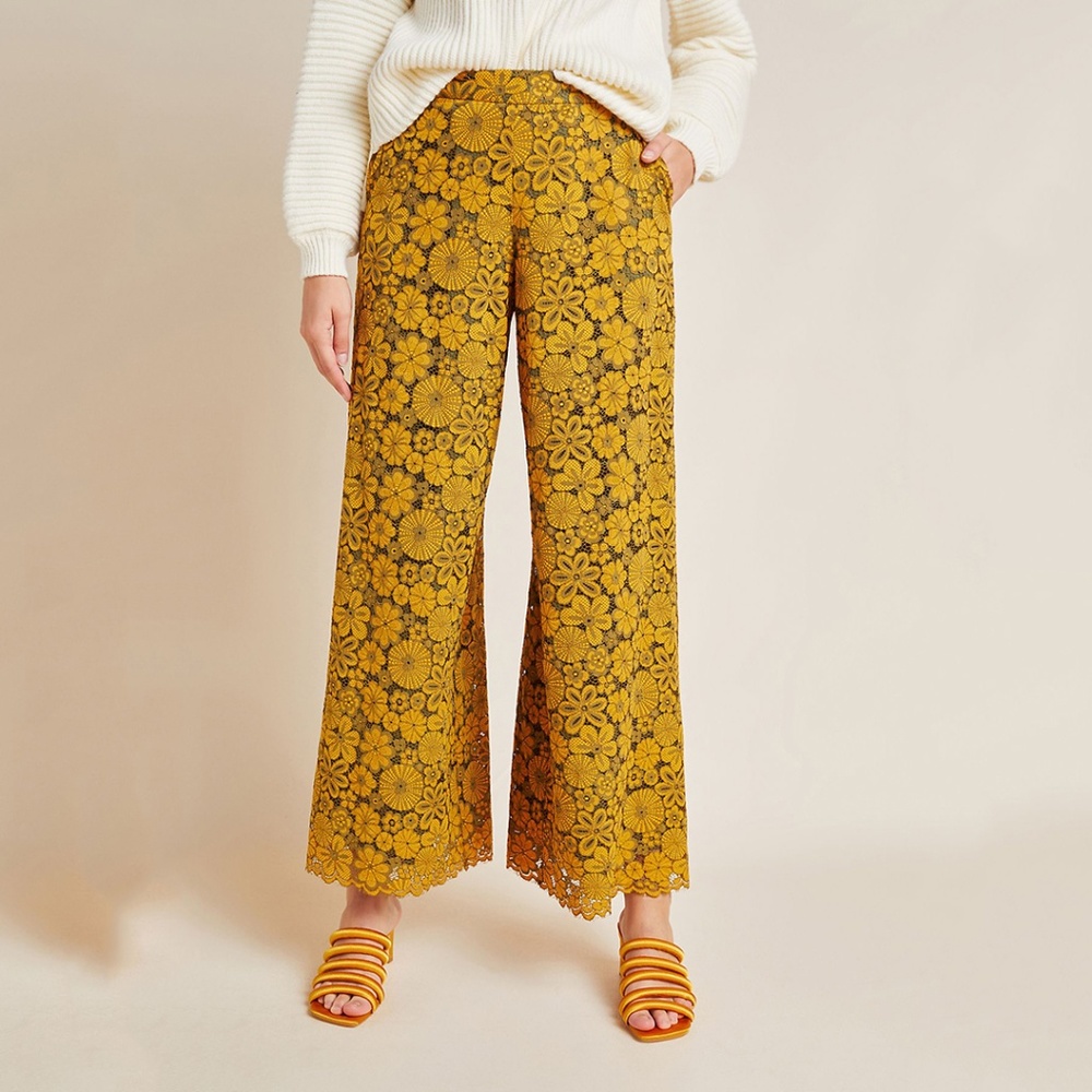 Eva Franco Golden Yellow Floral Lace Wide-Leg Pants